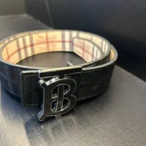 Cinto Masculino de Couro Burberry Monograma TB Dupla Face com Padrão Vintage Check