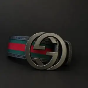 Cinto Masculino de Lona Web e Pele Gucci com Fivela Interlocking G
