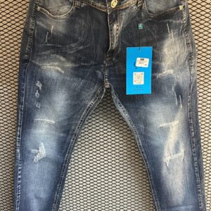 Calça jogador City Denim – Azul Escuro Estonada com Puídos Horizontais