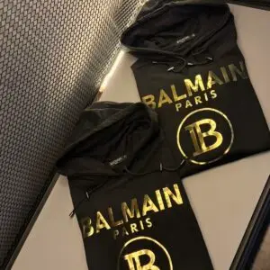 Moletom Canguru Balmain Paris – Preto com Estampa Dourada Premium
