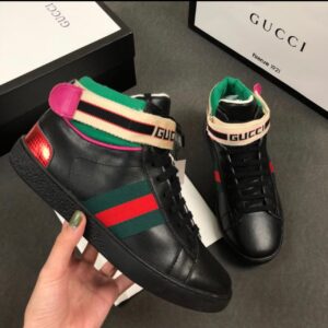 Tênis Gucci Ace High-Top Black Leather Web Strap