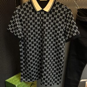 Camisa Polo Gucci Preta Monograma GG e Gola Creme