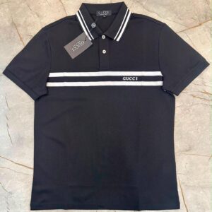 Camisa Polo Gucci Preta com Faixas Duplas Frontais e Logo