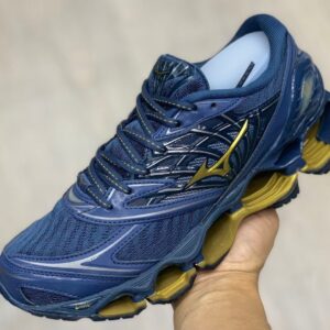 Tênis Mizuno Wave Prophecy Azul Marinho e Dourado – Esportivo e Urbano de Alto Desempenho